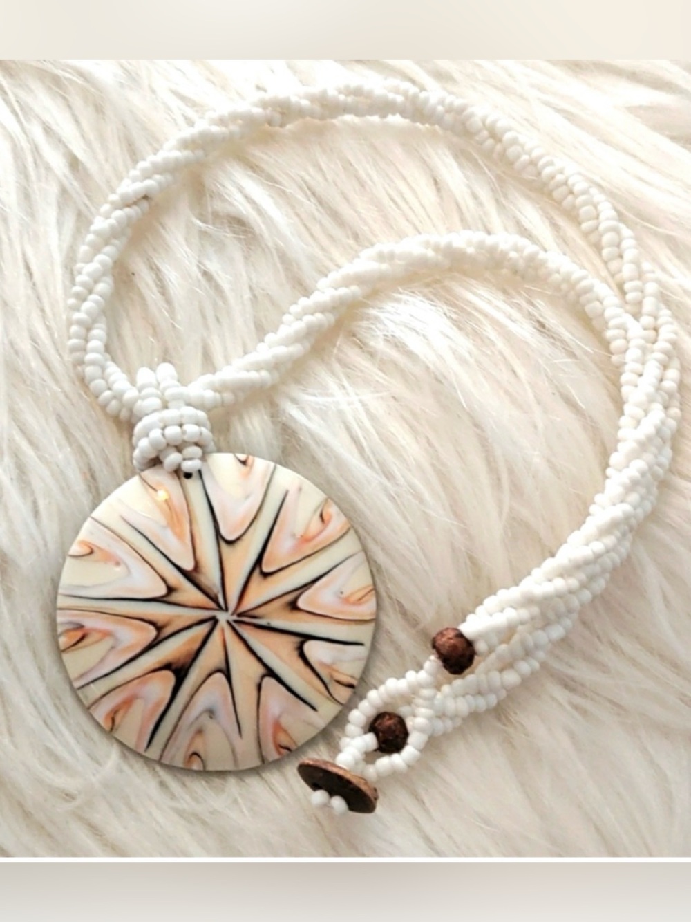 Necklace inlaid shell Starfish motif disk, peach,twisted white seed bead strands